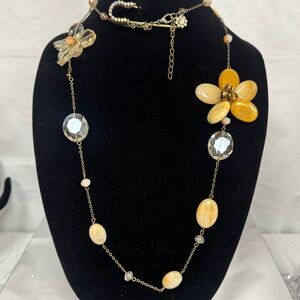 Vintage 70’s Hilary London Gold Art Glass Opera Length Necklace w/Jasper Flower